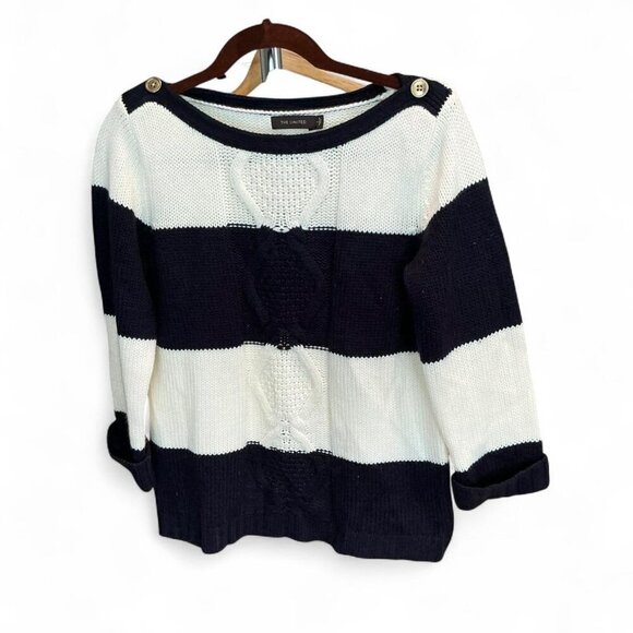 The Limited Sweaters - The Limited Women’s Navy blue and white striped cable knit‎ sweater with buttons